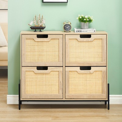 Rattan Shoe Storage Cabinet, 4 Flip Drawers Shoe Organizer for Entryway, Freestanding Shoe Organizer with Metal Legs, Narrow Shoe Rack Cabinet
