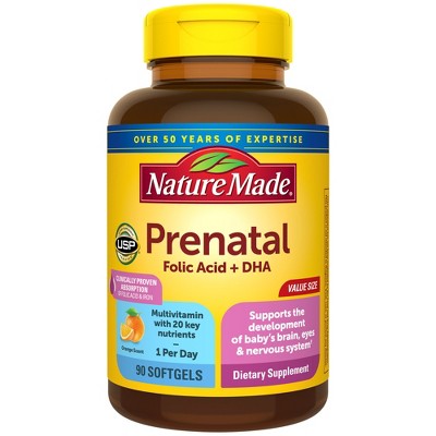 Nature Made Prenatal with Folic Acid + DHA, Prenatal Vitamin and Mineral Supplement Softgels - 90ct