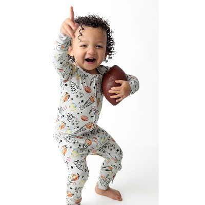 Lev Baby Boys' Bamboo Convertible Zipper Romper – Football, Baseball & Soccer Print One-Piece Baby Clothes (6–12M to 18–24M)