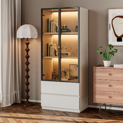 ATJafurn 23.6'' White Glass Display Cabinet, Modern Lighted Dining Storage China Cabinet With Glass Doors For Kitchen Dining Room and Living Room