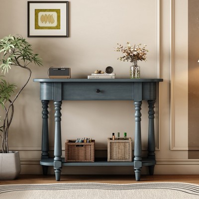 VYNXARIA Narrow Console Table , Retro Entryway Table with Top Drawer and Open Shelf, Sofa Table Console Tables for Entryway, Hallway,Living Room,Navy