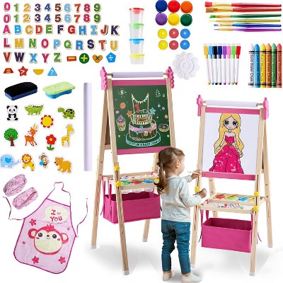 Aoibox 2-in-1 Double Sided Kids Easel Height Adjustable Art Easel with Magnetic Chalkboard Painting Board 100 Accessories for Ages 3-10