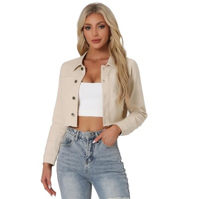 Allegra K Women's Turn Down Frayed Button Down Washed Cropped Denim Jacket