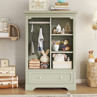 ORRD Kids Open Wardrobe with Hanging Rod, Open Shelves, Large Drawer, Low Design for Easy Access, Green Children’s Closet Organizer