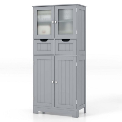 Costway Bathroom Floor Storage Cabinet Kitchen Cupboard with 2 Drawers & Glass Doors White/Gray/Black