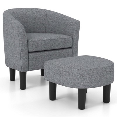 Costway Barrel Club Chair with Ottoman Set Footrest Curved Back & Removable Seat Cushion Grey/Beige