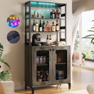Aheaplus Bar Cabinet with Power Outlets, Wine Bar Cabinet Liquor Cabinet with LED Lights & Glass Holder