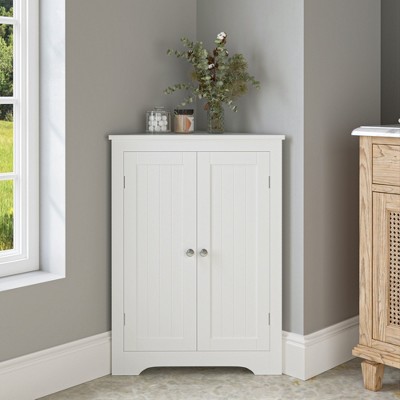 PDTEND Corner Storage Cabinet with 2 Doors and Adjustable Shelves, Freestanding Narrow Cabinet Organizer, MDF Wood